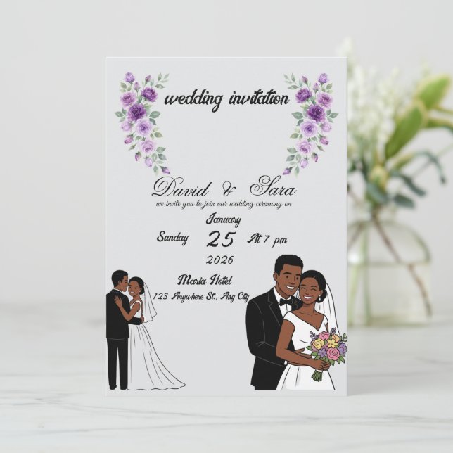 Modern Illustrated Black Couple Wedding Invitation (Debout devant)