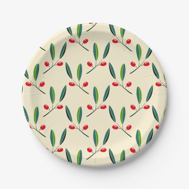 Modern Illustrated Red Berries Pattern Pappteller (Vorderseite)