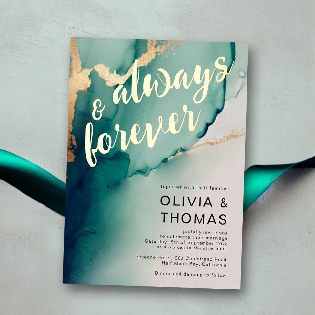 Modern immer für immer Emerald Gold Beach Hochzeit Folieneinladung (emerald beach wedding invitation elegant bohemian modern romantic gold waves simple always forever)