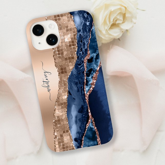 Modern Indigo Blue Agate & Rose Gold Confetti Leaf Case-Mate iPhone 14 Hülle (Von Creator hochgeladen)