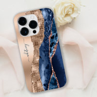 Modern Indigo Blue Agate & Rose Gold Confetti Leaf