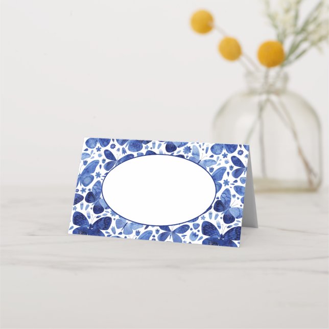 Modern Indigo Blue Watercolor Butterfly Platzkarte (Vorderseite)