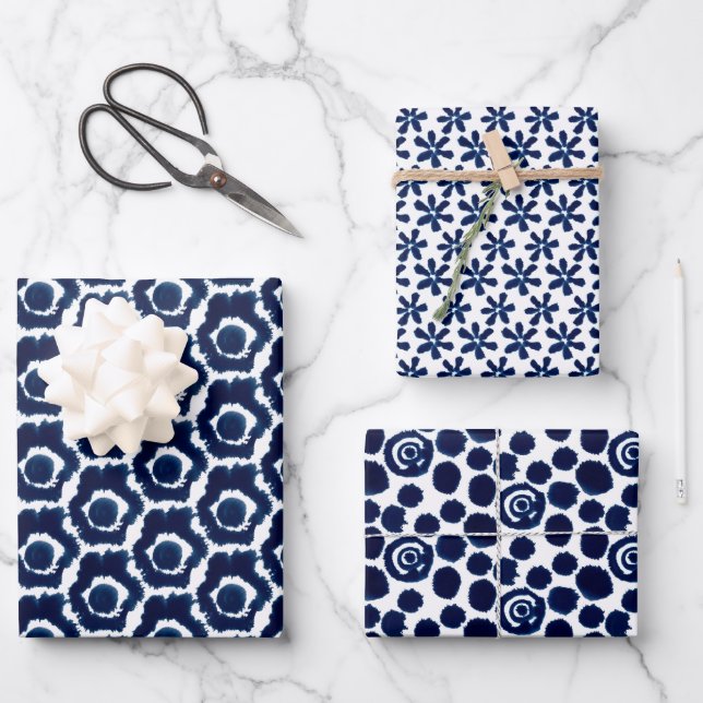 Modern Indigo Navy Shibori Muster Wrapping Sheets Geschenkpapier Set (Vorderseite)