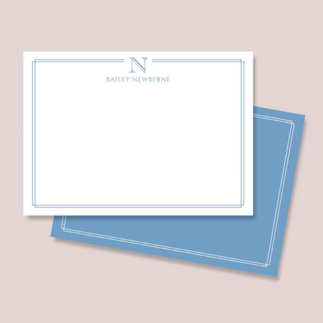 Modern Initial Monogram Blue Border Stationery Mitteilungskarte (Von Creator hochgeladen)