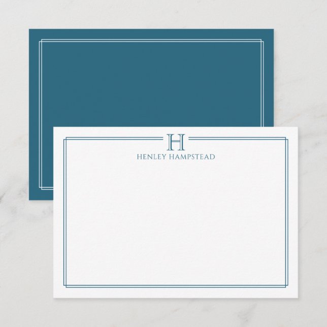 Modern Initial Patina Blue Border Stationery Mitteilungskarte (Vorne/Hinten)