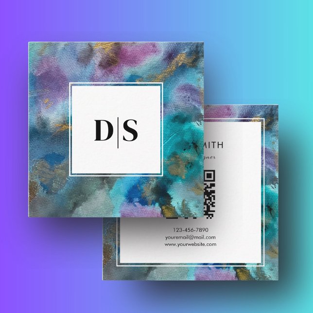 Modern Initial QRCode BlueTeal Watercolor Abstract Quadratische Visitenkarte (Modern Initial QR Code Blue Teal Watercolor Abstract Square Business Card)
