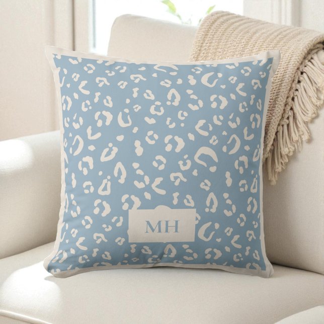 Modern  Initials Blue Leopard Spots Print Monogram Kissen (Modern Initials Blue Leopard Spots Print Monogram Throw Pillow)