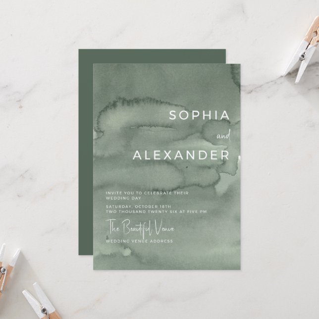 Modern Invitation Watercolor Wedding.   (Devant/Arrière en situation)