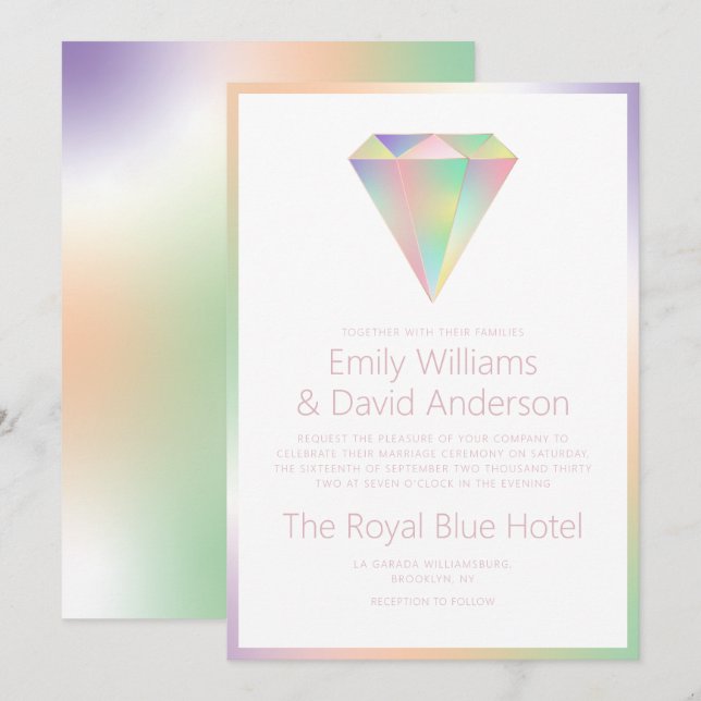 Modern Iridescent Rainbow Diamond Wedding  Einladung (Vorne/Hinten)