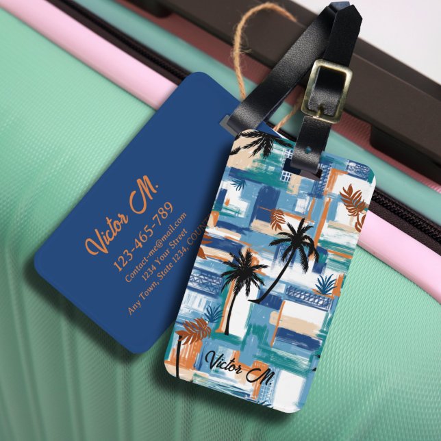 Modern Island Tropical Karo Blue White Gepäckanhänger (The modern tropical hawaii island mix blue checked pixel in custom luggage tag.)