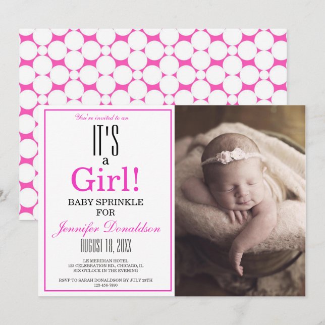 Modern ist es ein Mädchen! Pink Foto Baby Sprinkle Einladung (Vorne/Hinten)