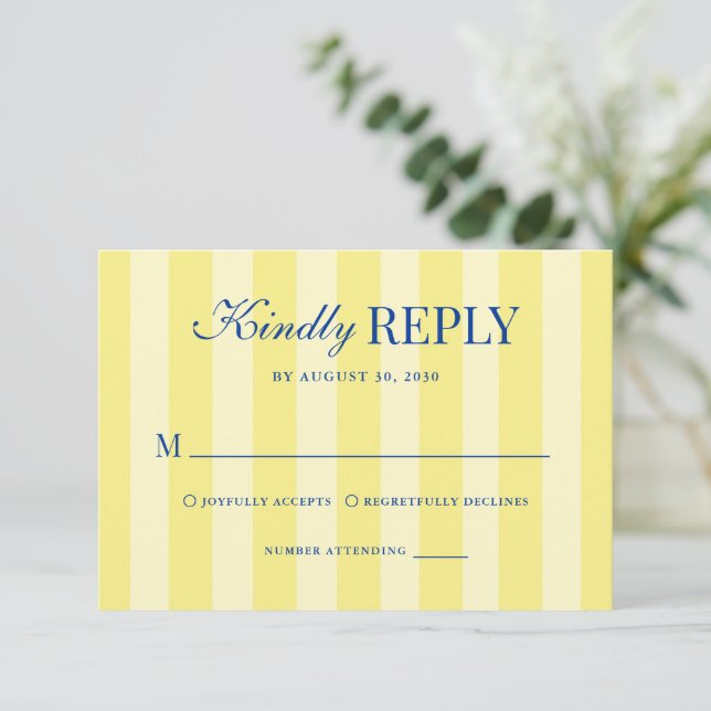 Modern Italian Striped Blue & Yellow Wedding RSVP Karte (Stehend Vorderseite)