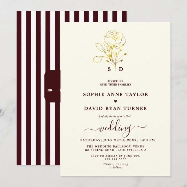 Modern Ivory Deep Burgundy Monogram Wedding Einladung (Vorne/Hinten)