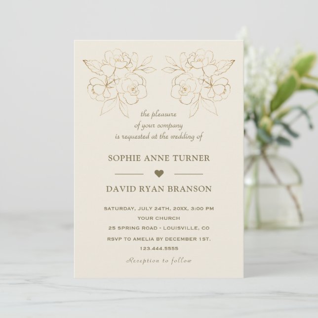 Modern Ivory Gold Line Art Flowers Wedding Einladung (Stehend Vorderseite)