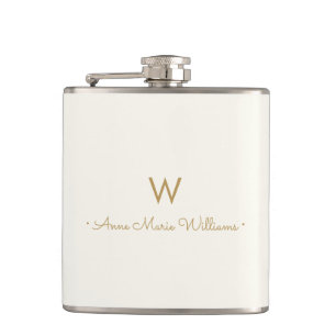 Modern Ivory Gold Script Monogram Flachmann