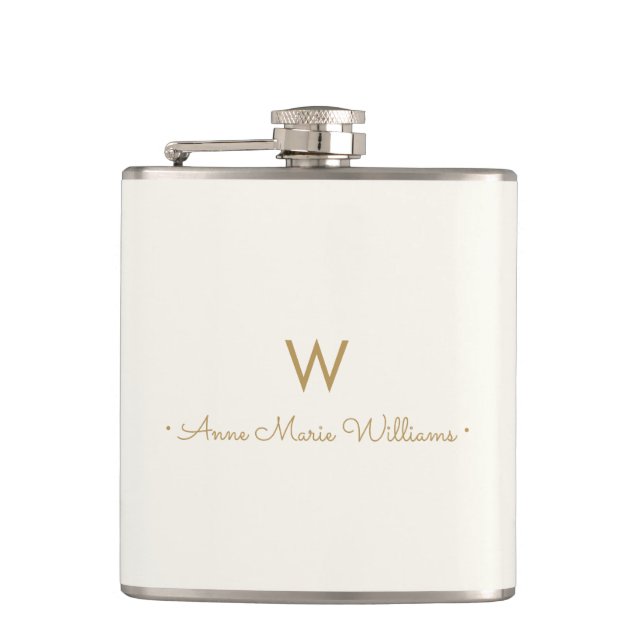 Modern Ivory Gold Script Monogram Flachmann (Vorderseite)