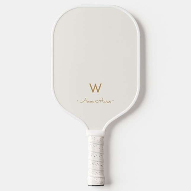 Modern Ivory Gold Script Monogram Pickleball Schläger (Vorderseite)