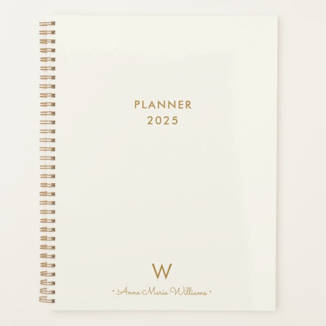 Modern Ivory Gold Script Monogram Planer (Vorderseite)