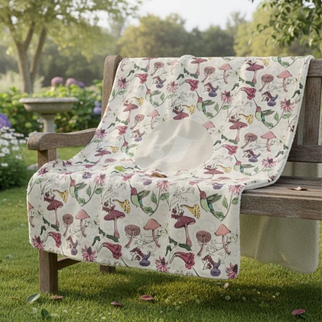 Modern Ivory Hummingbird Flowers Leaves Sherpadecke (Elegant Nature Inspired Hummingbird Blankets. Ivory Colibri, Flowers Leaves Pattern Initial for Her)