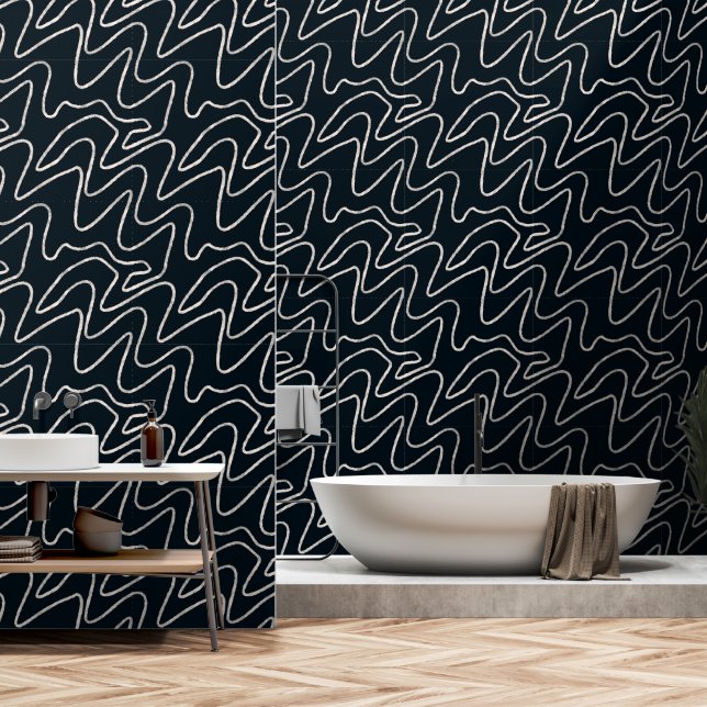 Modern Japandi-style line art in cream and black.  Tapete (Badezimmer)