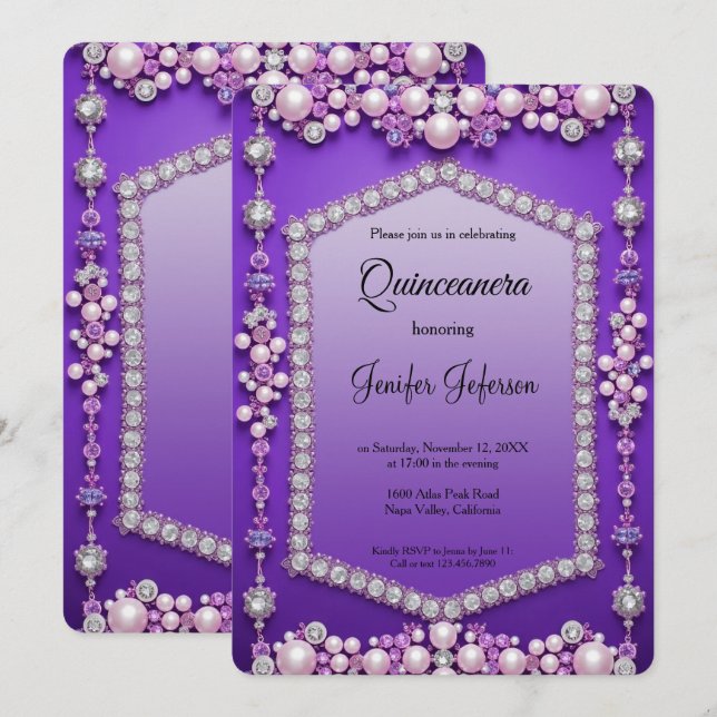 Modern jewel pearls Quinceanera Invitation (Devant / Derrière)