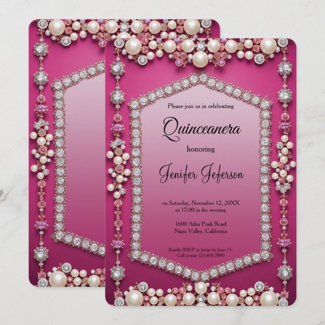 Modern jewel pearls Quinceanera Invitation Einladung (Vorne/Hinten)