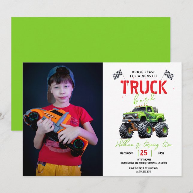 Modern Kids Monster Truck Birthday Party Einladung (Vorne/Hinten)