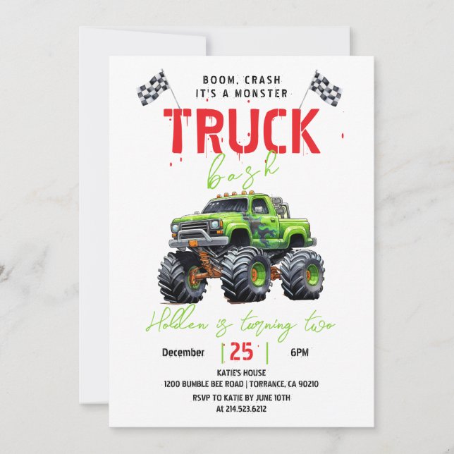 Modern Kids Monster Truck Geburtstagsparty Einladung (Vorderseite)