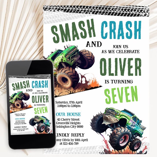 Modern Kids Monster Trucks Birthday Party Einladung (Von Creator hochgeladen)