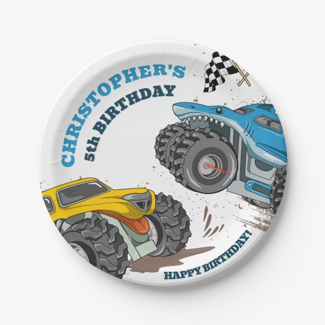 Modern Kids Monster Trucks Geburtstag Pappteller (Vorderseite)