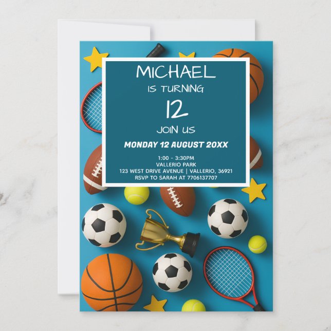 Modern Kids Sports Birthday Invitation Einladung (Vorderseite)