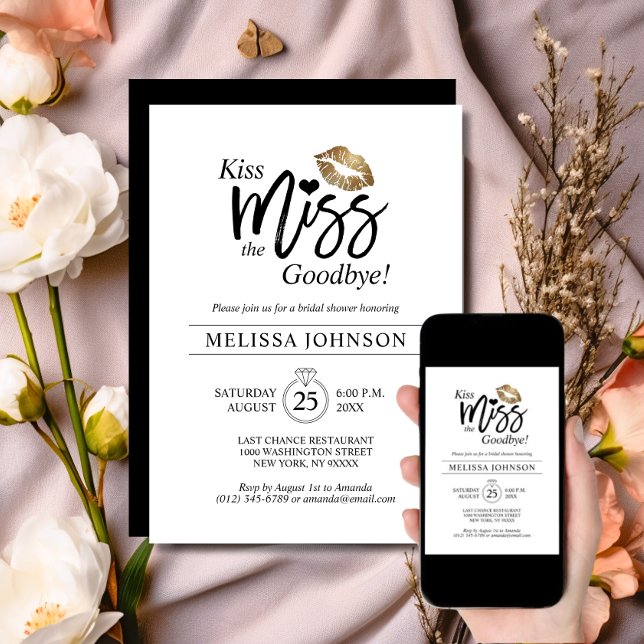 Modern Kiss Miss Goodbye Gold Lips Brautparty Einladung (Modern Kiss Miss Goodbye Gold Lips Bridal Shower Invitation | Bachelorette)