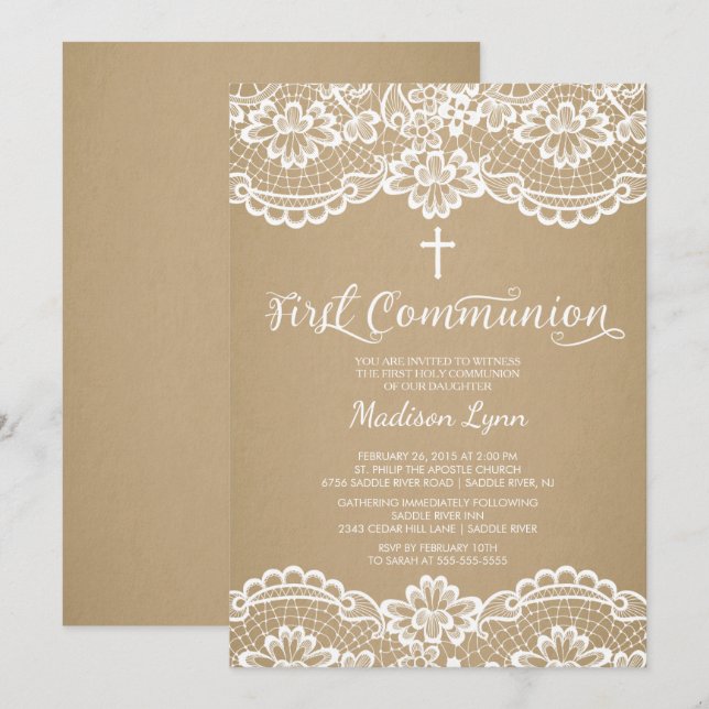 Modern Kraft Lace First Holy Community Einladung (Vorne/Hinten)
