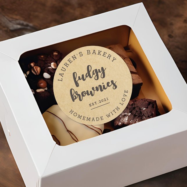 Modern Kraft Zuhause Bakery Logo Homemade Brownies Runder Aufkleber (Von Creator hochgeladen)