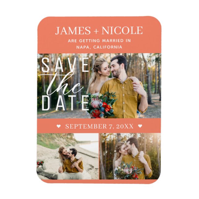 Modern Lachs Pink Save the Date Hochzeit 3 Fotos Magnet (Vertikal)