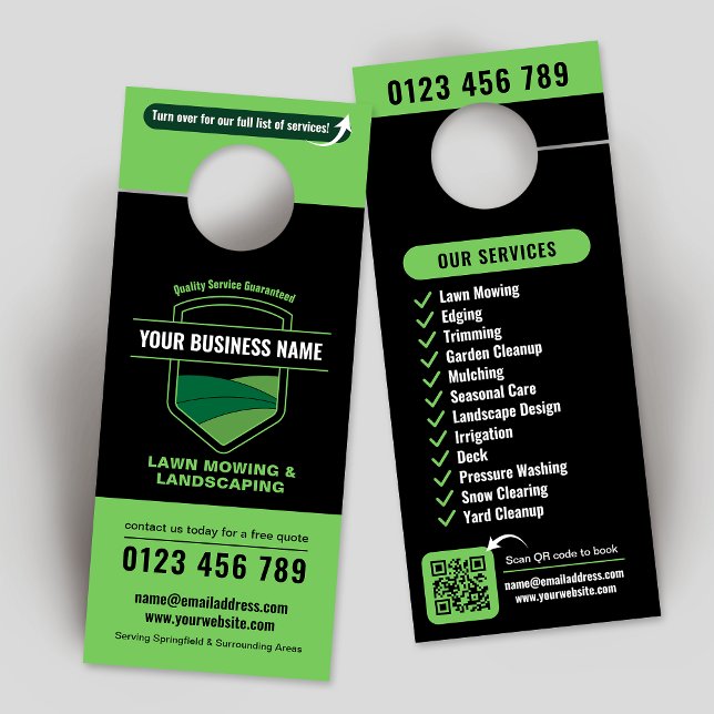 Modern Landscaping Lawn Mowing Marketing Türanhänger (Modern Lawn Mowing & Landscaping Business Marketing Door Hanger with scannable QR code)