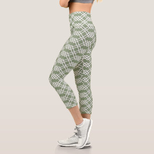 Modern Lattice Geometric Sage Green Jade & White Capri Leggings
