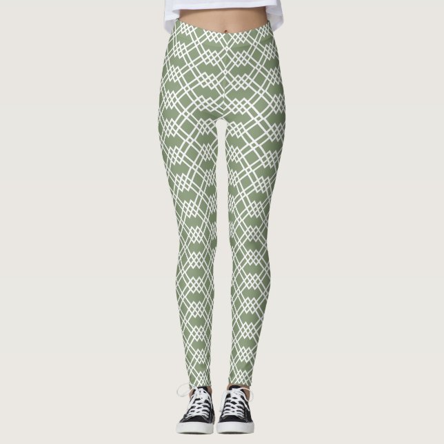 Modern Lattice Geometric Sage Green Jade & White Leggings (Vorderseite)
