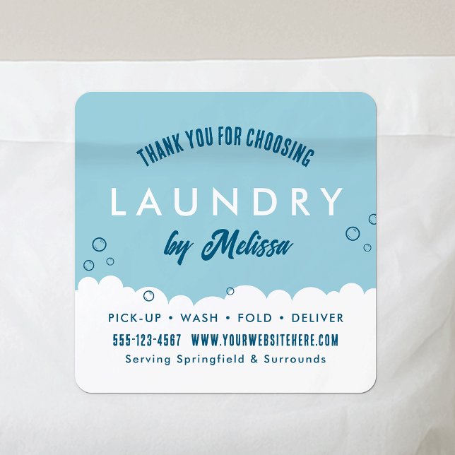 Modern Laundry Service Blue & White Thank You Quadratischer Aufkleber (Thank you for order laundry business stickers with your business name or logo)