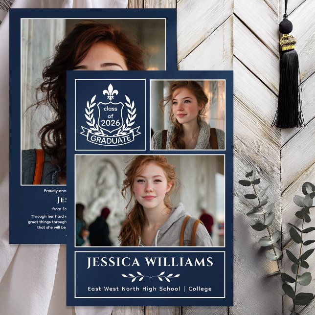 Modern Laurels 3 Photo Class of 2026 Graduation  Ankündigung (Modern Laurels | Fleur de Lis Crest Graduate 3 Photo Graduation Announcement -Print | Digital - Blue)