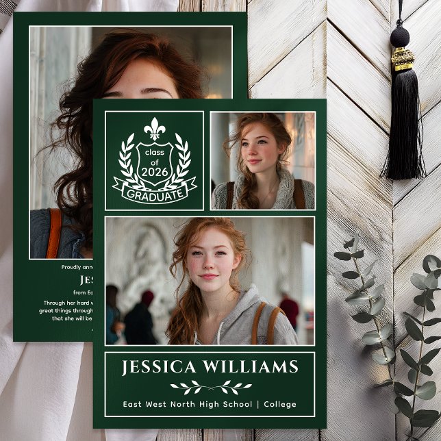 Modern Laurels 3 Photo Class of 2026 Graduation  Ankündigung (Modern Laurels Fleur de Lis Crest Graduate 3 Photo Graduation Announcement -Print | Digital - Green)