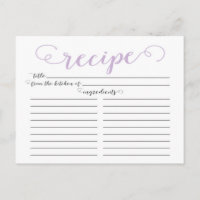 Modern Lavendel Script Brautparty Rezept Cards