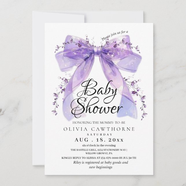 Modern Lavender Bow and Flowers Baby Shower Einladung (Vorderseite)