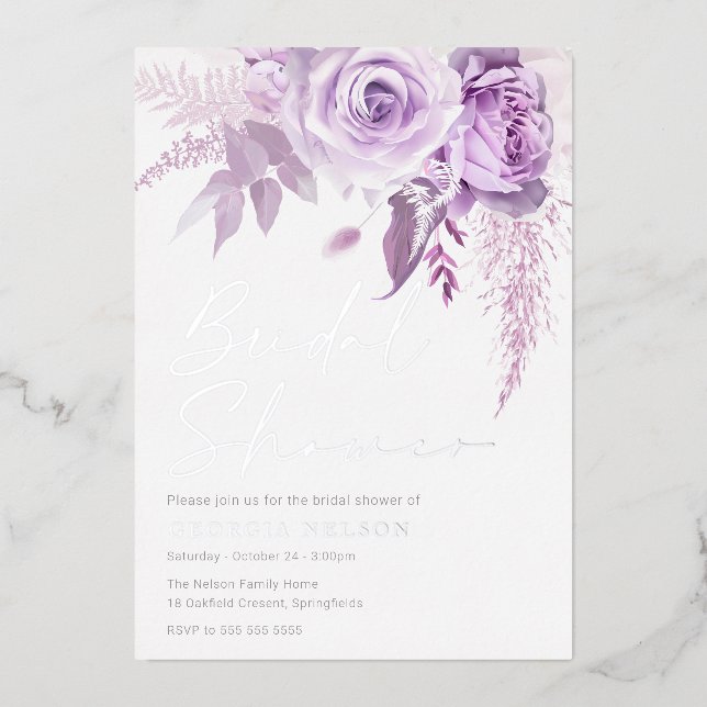 Modern Lavender Floral Bridal Shower Real Silver Folieneinladung (Vorderseite)