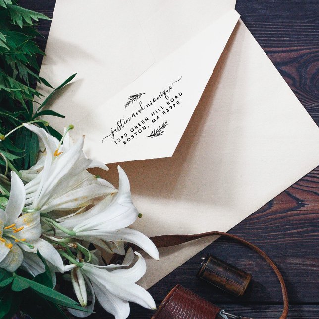 Modern Leaves Custom Script Wedding Return Address Permastempel (Von Creator hochgeladen)