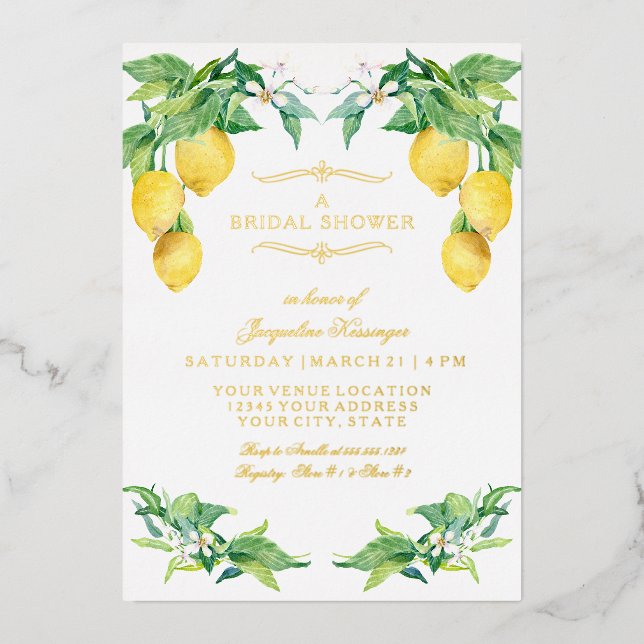Modern Lemon Elegant Floral Gold Bridal Shower Folieneinladung (Vorderseite)