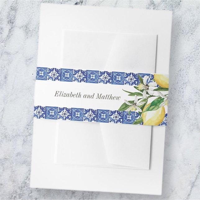 Modern Lemon Foliage Blue Mediterranean Wedding Einladungsbanderole (Von Creator hochgeladen)