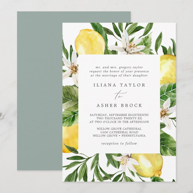 Modern Lemon Garden Wedding Einladung (Vorne/Hinten)