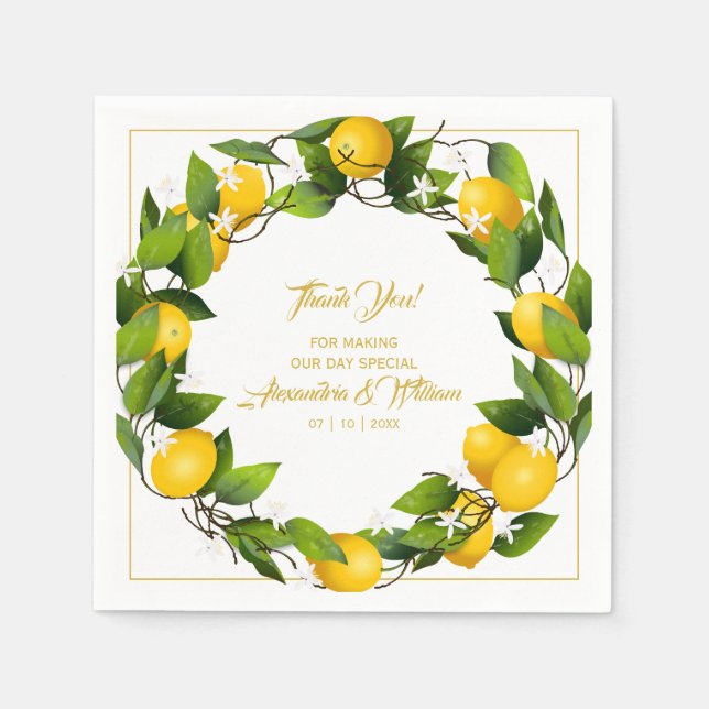 Modern Lemon Wreath Vielen Dank | Hochzeit Serviette (Vorderseite)
