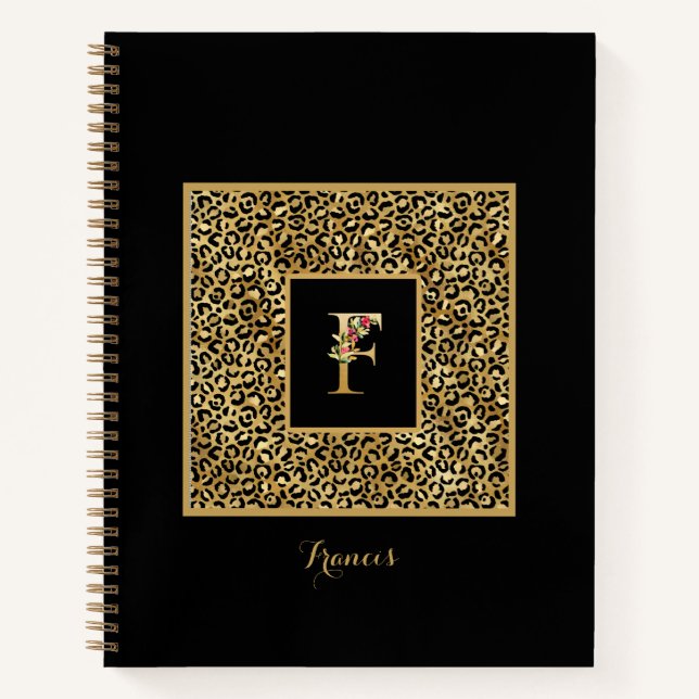 Modern Leopard Gold Personal Monogram Letter F Notizbuch (Vorderseite)